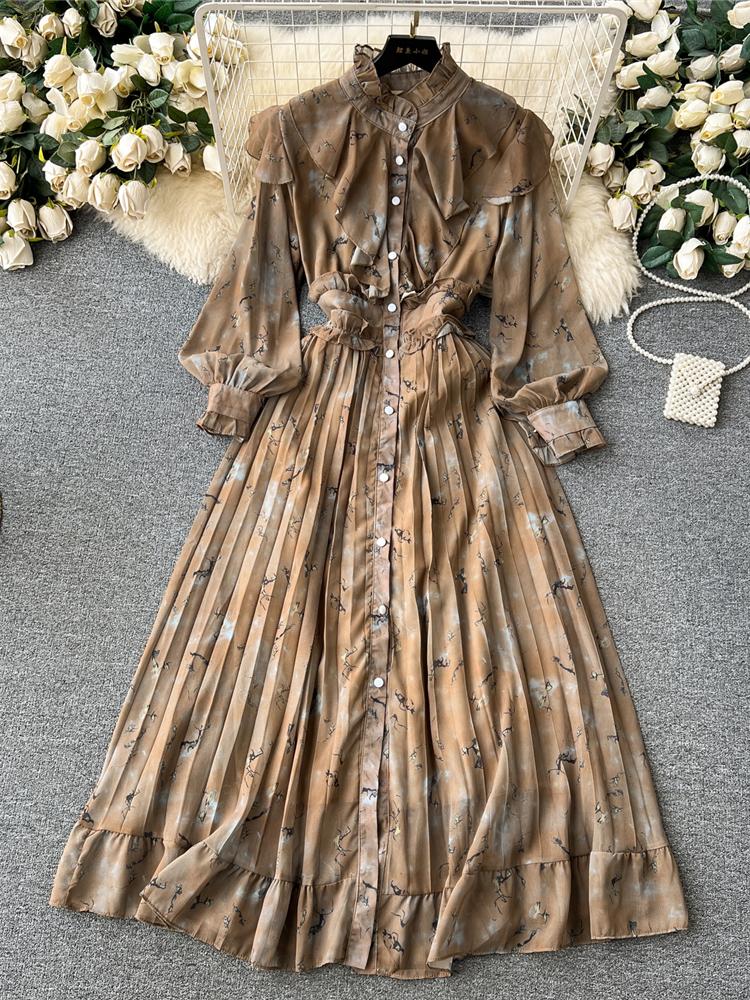 Autumn Women Vintage Printed Pleated Long Dress Female Red/Green/Blue/Yellow Draped Ruffle Single Breasted Maxi Robe Vacation Dresses