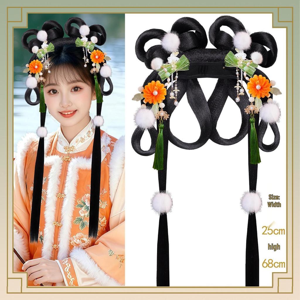 Ancient Hanfu Wig Accessory Set: Sweet Hair Bun with Tassel Flower Headdress for Women