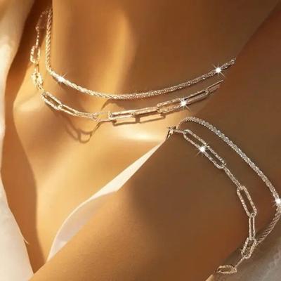 4 Pcs/Set Women Jewelry Set Double-layered Necklace And Bracelet Hollow Out Chain Shimmering Surface