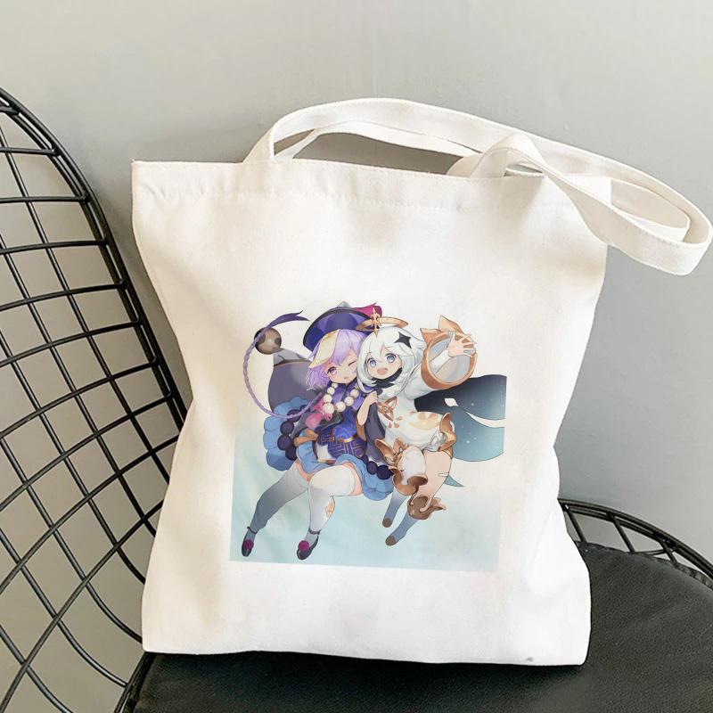 Shopper Genshin Impact Qiqi Anime Shopping Bag Harajuku Canvas Bag Large Capacity Collapsible Kawaii Women Shoulder Bag Handbag