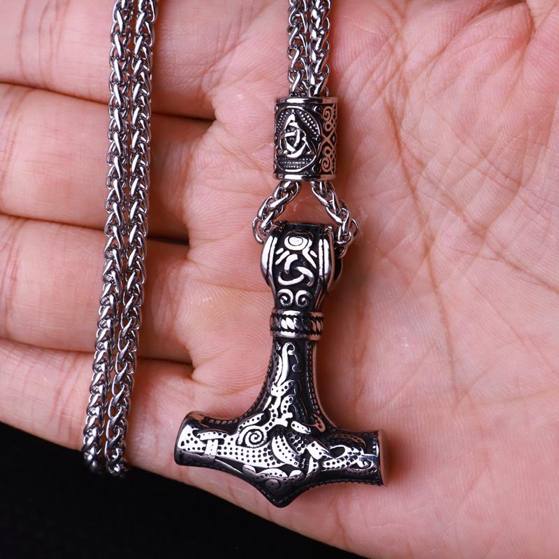 Flerfärgad pärlhalsband med vikingahammare och Thors hammare, rostfritt stål, herrhalsband, Mjolner amulett, smycken