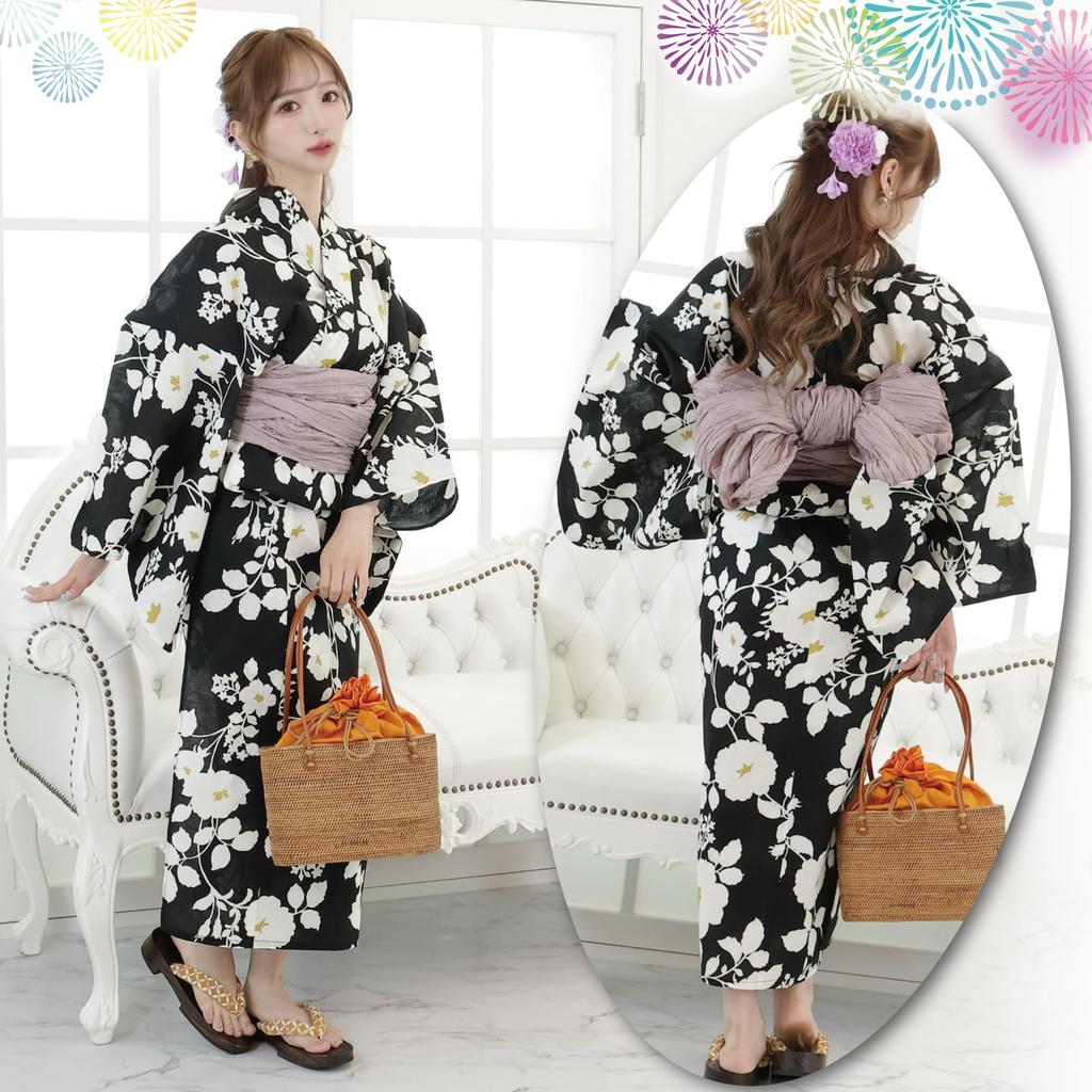 Yukata 3 Piece Set Color Contrast Dignified Summer Camellia Japanese Style Kushyu Fluffy Heiko Obi Thong Geta Set Black One Size Fits Most [RAVIR]