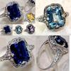 Elegant European Style Jewelry With Classic Square Cut Blue Sapphire Rhinestone Studded Ring