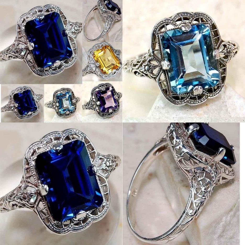 Elegant European Style Jewelry With Classic Square Cut Blue Sapphire Rhinestone Studded Ring