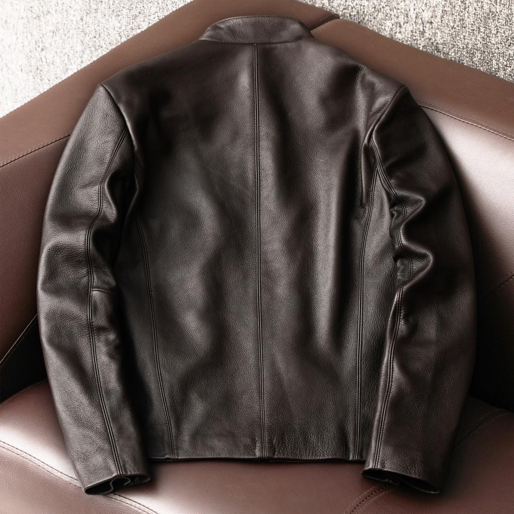 Genuine Leather Jacket Men Short Slim Fit Stand Collar Real Cowhide Biker Coat Casual Outerwear