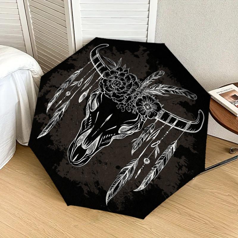 1PC Bull Skull Feathers Pattern Small Travel Compact Windproof Umbrella, Automatic Folding Umbrella, Automatic Open/Close ,Gift-161