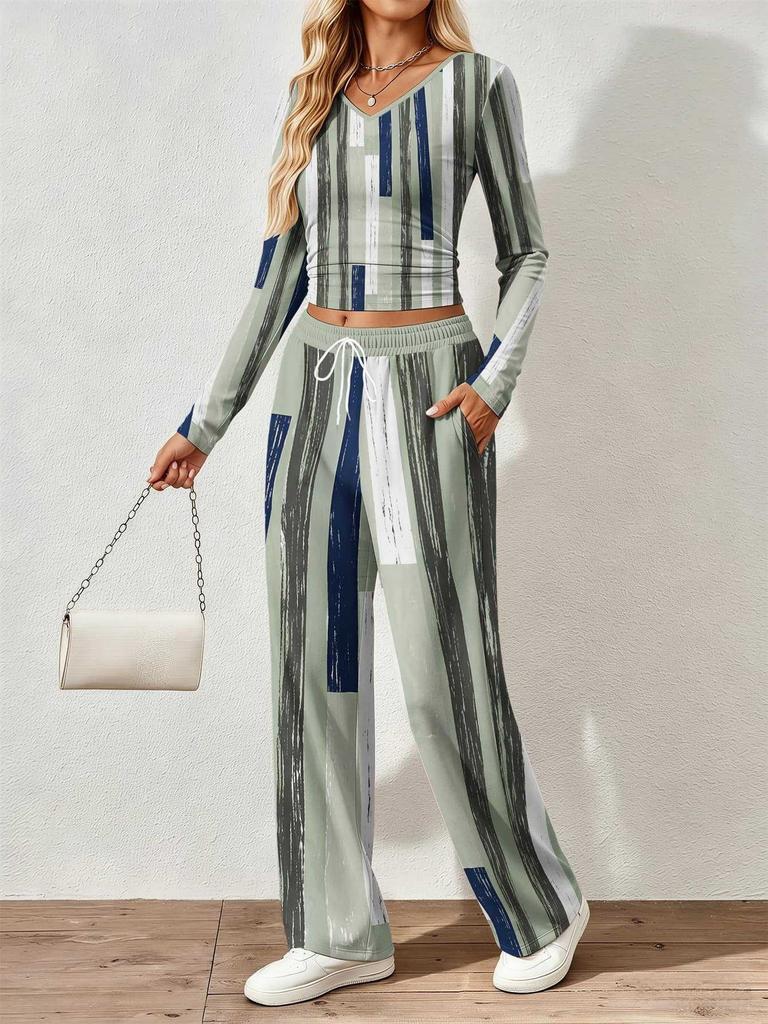 Spring and Autumn digital print women's V-neck long sleeve pants set, comfortable, casual, versatile, slim fit two-piece set