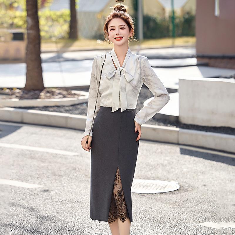 

Весенне-осеннее новое платье в стиле «Королевская сестра» с бантом, V-образным вырезом, контрастной цветной вставкой, юбкой, имитацией двух частей, длинными рукавами, женское 2XL