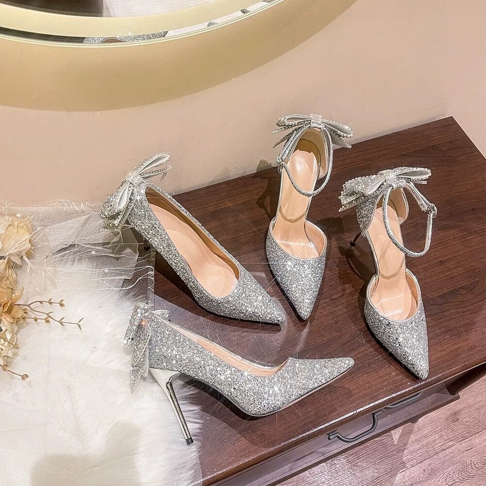 Silver high heels 2025 new spring and autumn sequins diamond crystal main dress wedding shoes Xiuhe two wear bridal wedding dress