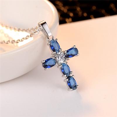 Blue Oval Zircon Cross Pendant Necklace for Women Silver Color Chain Charm Necklace