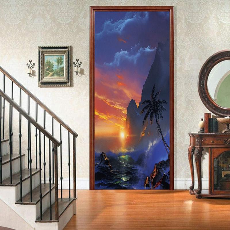 Schöne Landschaft Tür Kühlschrank Dekoration Aufkleber Sonnenuntergang einfache abstrakte Linien Bambus Tapete für Wohnzimmer Home Decor Schlafzimmer Kunst Aufkleber