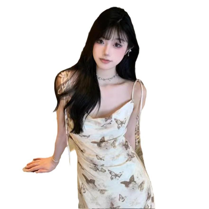 Butterfly Print Swinging Collar Suspender Dress Women's Summer French Temperament Waist Thin Irregular Vacation Long Skirt