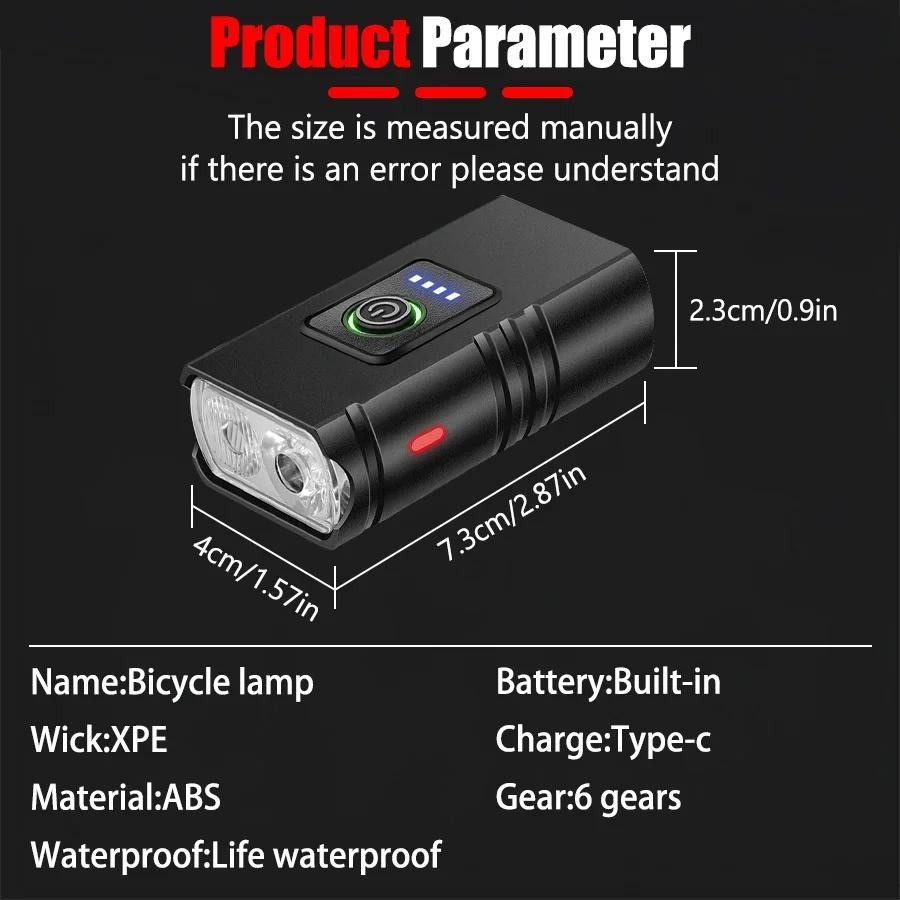 Bike Light 2 LED Type C Rechargeable Bicycle Lights 6 Modes MTB Flashlight Bicycle Headlight for Cycling Bicycle Front Lamp