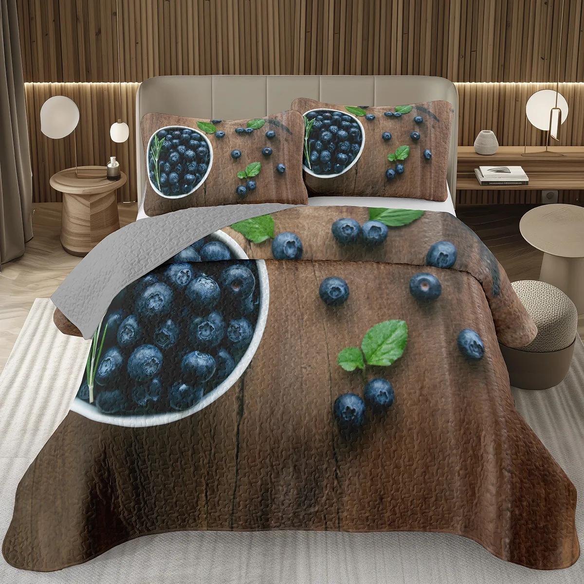 

Girls Blueberry Full Queen Bedspread Set Fruit Printed Coverlet Set Microfiber Botanical Themed Bedding Set For Teen Adult Room EU Single(135*200cm)3pcs