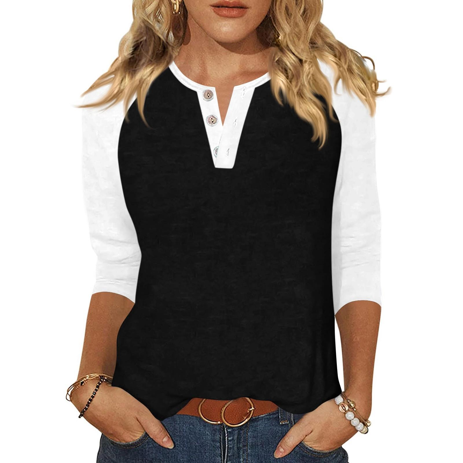 

Жен. Футболка С принтом Пуговицы Рукав 3/4 Повседневные Выходные Мода Классический Классический V-образный вырез Обычный Верх L чёрный