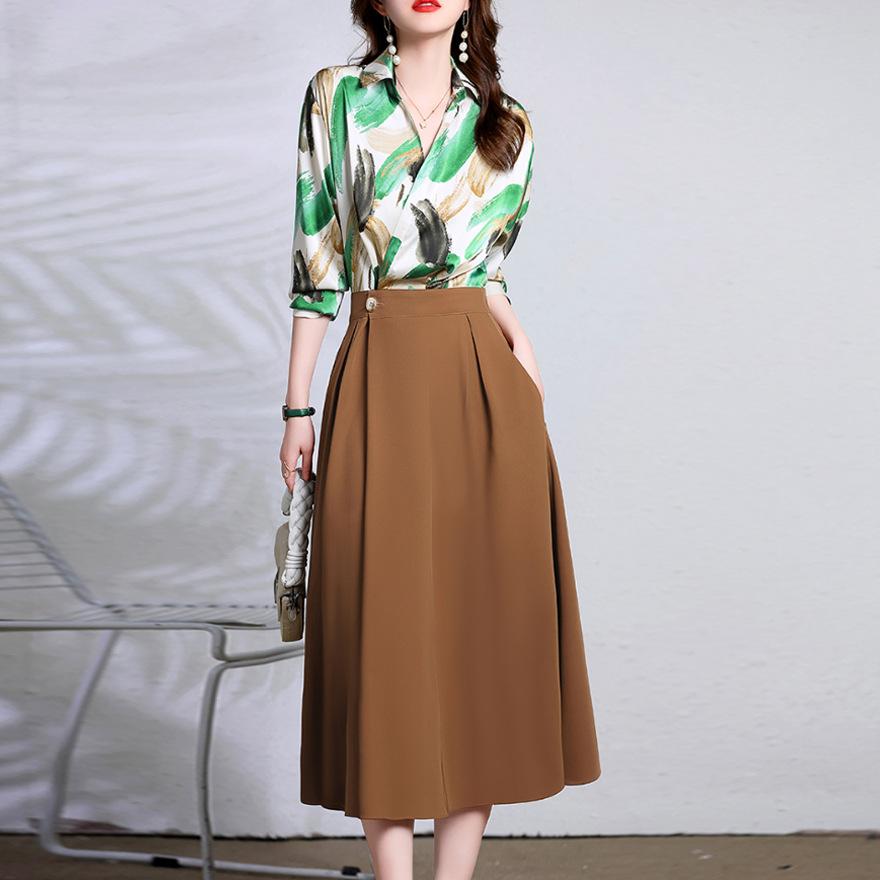 

Design Shirt Dress Women s Spring and Autumn New Waist Skinny Fashion Temperament Printed Two Skirts M кавовий