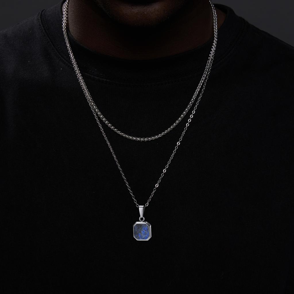 Vnox Stackable Men Necklaces Set, Geometric Square Lapis Lazuli Stone Pendant, Casual Male Boy Collar