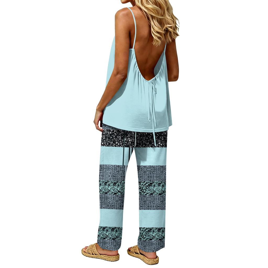Women's 2 Piece Outfit Set, Casual Backless Sleeveless Top with Elastic Waist Long Pants, Suit No Pockets