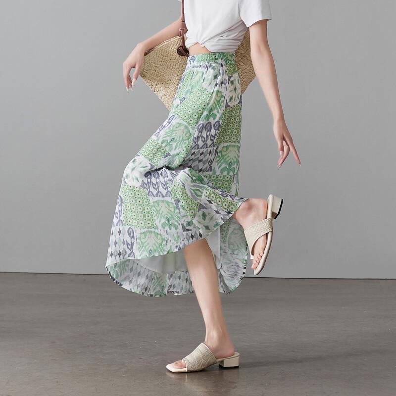 SOFSIL 2026 Summer Ramie Printed A-Line Mid-Length Skirt