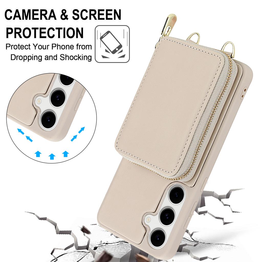 For Samsung Galaxy S25 FE Case RFID Blocking Zipper Wallet Leather + TPU Phone Cover with Shoulder Strap