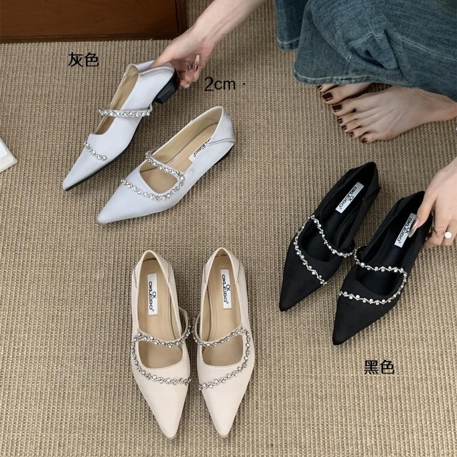2025 Spring and Summer New Light Luxury Curved Rhinestone Temperament Versatile Pointed Thick Heel Low Heel Soft Sole Single Shoes Women