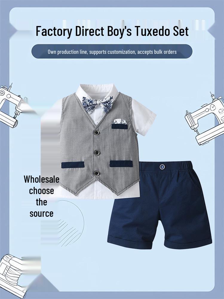 Completo Tre Pezzi Estivo da Ragazzo Stile Gentiluomo Britannico: Gilet, Pantaloncini e Maglietta