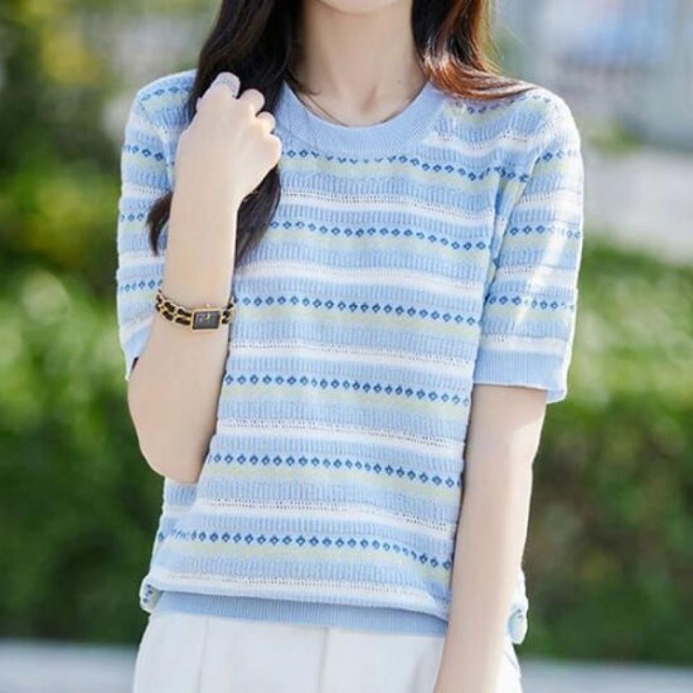 Navava Women Flower Stripe Short Sleeve Knit Tee Nk3117