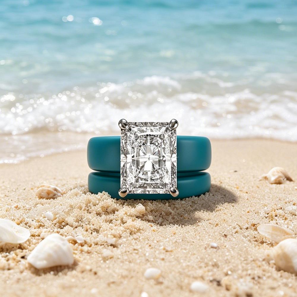 Blue green women's silicone double strap CZ ring, emerald cut cubic zirconia engagement wedding ring, beach bride jewelry gift