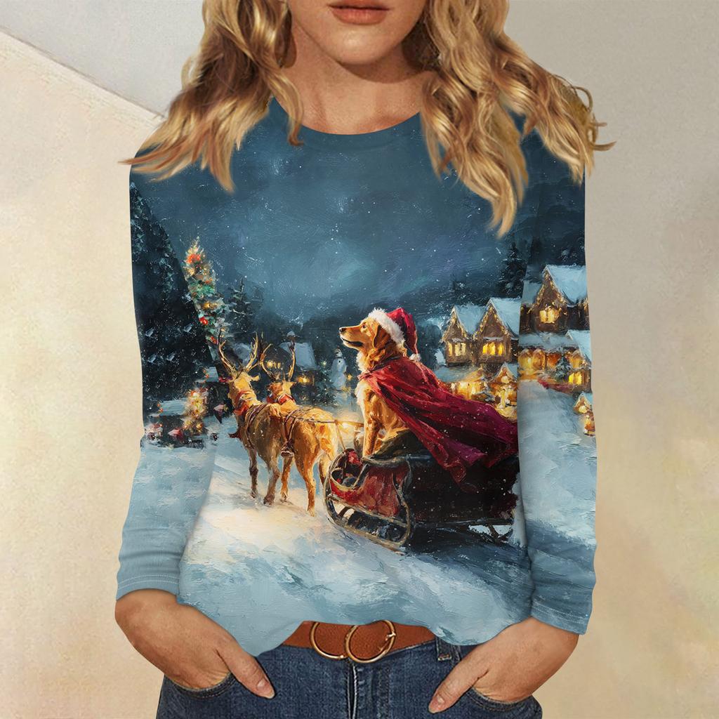 Langermede skjorter for kvinner Søt trykk grafisk t-skjorte Bluser Uformell Pluss størrelse Basic Topper Pullover