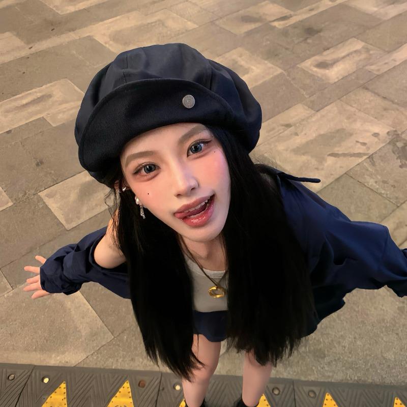 

Black beret female summer niche design sense versatile painter hat big head circumference cloud octagonal hat tide Average size (58-60cm)