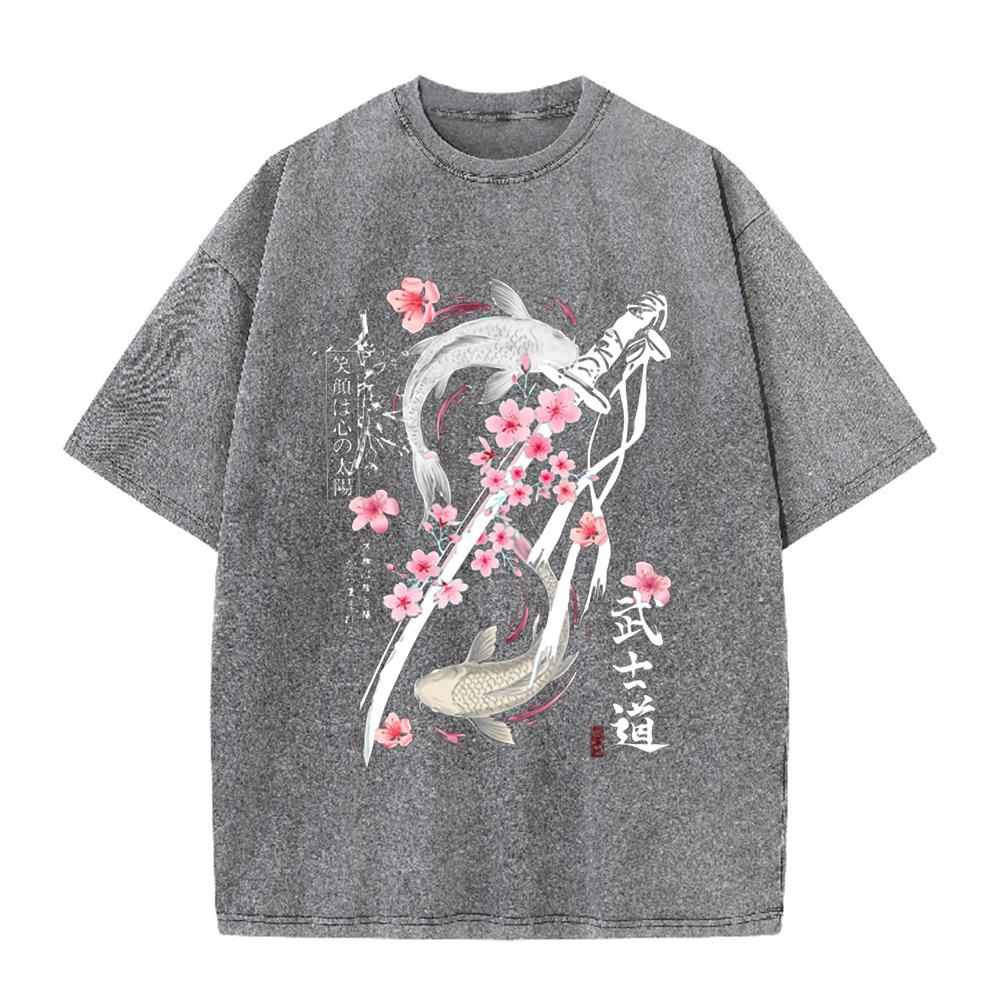 2026 Vintage Washed Black Japanese Koi Fish Samurai Sword Cherry Blossom Graphic T Shirt Bushido Kanji Retro Streetwear Oversize