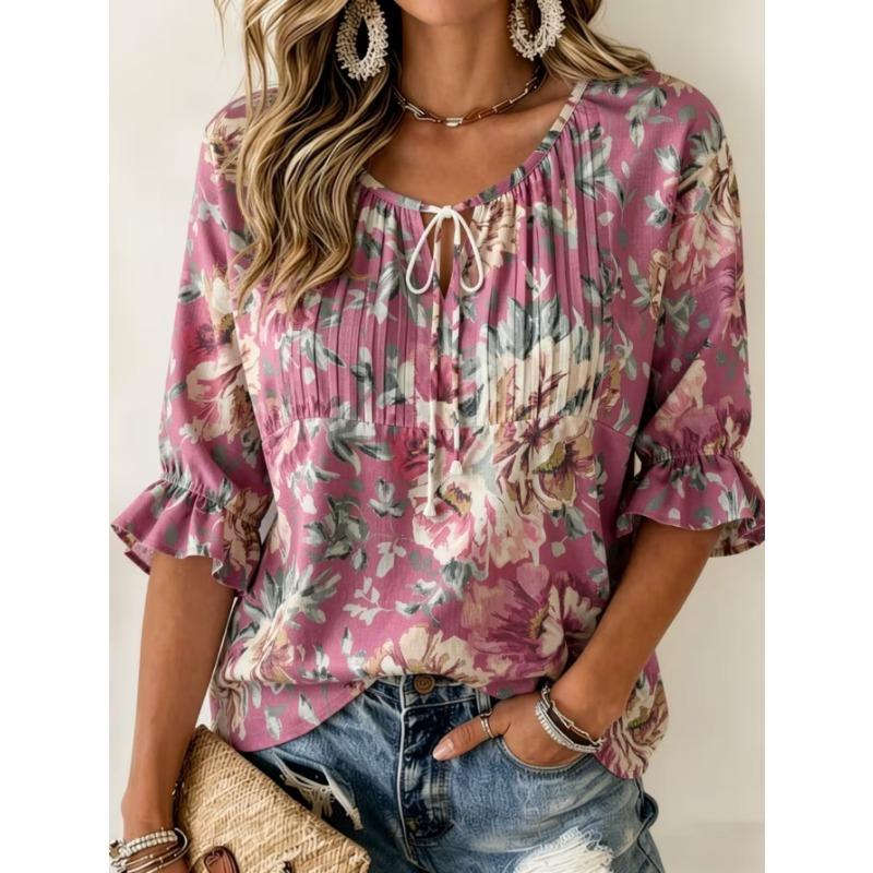 Women's elegant printed lace-up flared top, stylish and versatile, comfortable and skin-friendly