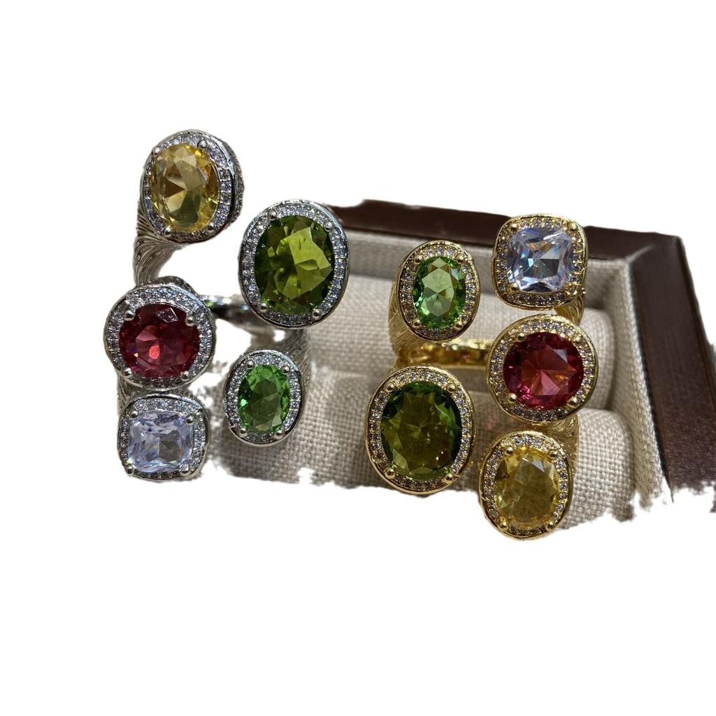 Light Luxury Retro Color Treasure Italian Style Zircon Ring Women's High Sense Adjustable Index Finger Ring