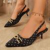 Work Hot Sandals For Women Beaded High Heel Slingback Pointed Toe Slip Stilettos Ankle Strap Adjustable Leather Style Shoes