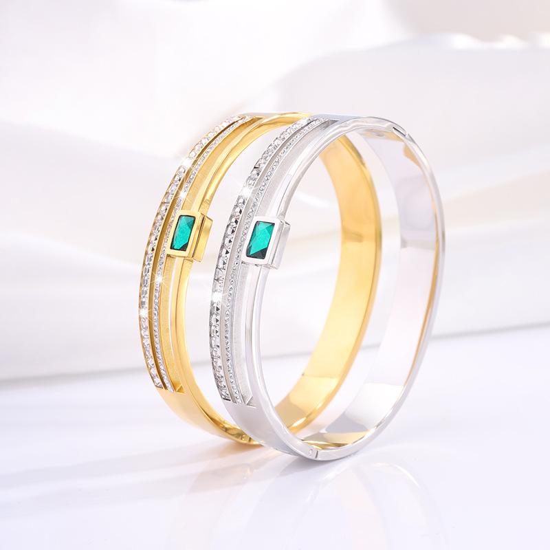 Stainless Steel Wide Bangle Double Row Emerald Zircon Bracelet for Women Luxury Fashion Do Not Fade Jewelry Accessories Gift
