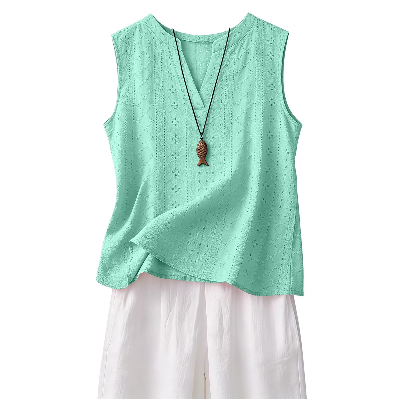 Women Sleeveless Loose Fit Tank Top Hollow Out Casual Blouse Lightweight Summer V Neck Eyelet Embroidered Shirt S