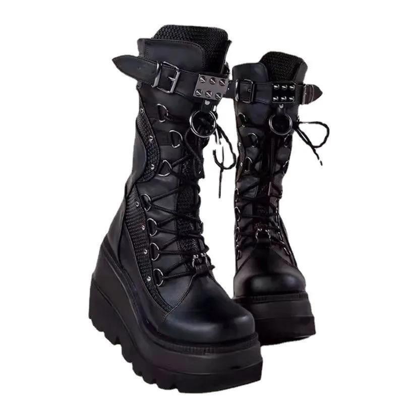 Fashion New Mid Calf Boots Wedge Knight Boots Buffalo London Shoes Platform Woman Fashion Lace-up Ladies Chelsea Zipper Botas Size 43