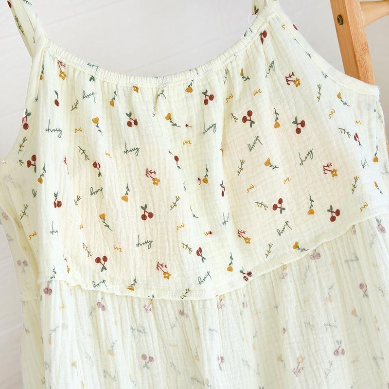 Girl's Floral Bubble Double-Layer Crinkle Cotton Nightgown with Built-In Bra Pads