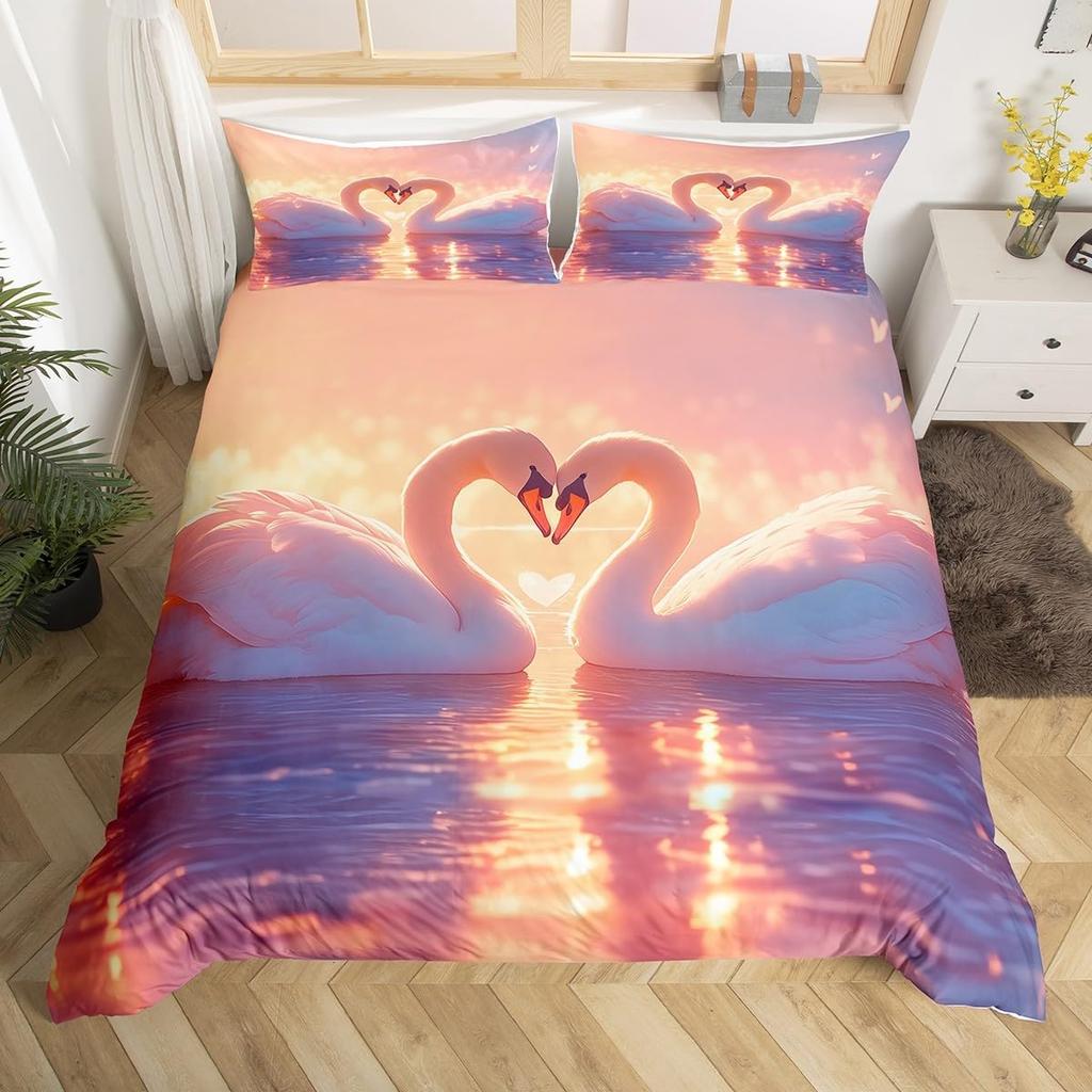 Red Rose Beding Set White Swan Soft Duvet Cover Quen Wild Animal Romantic Flower Warm Comforter Cover for Young Girls Woman Lady Weding Decor