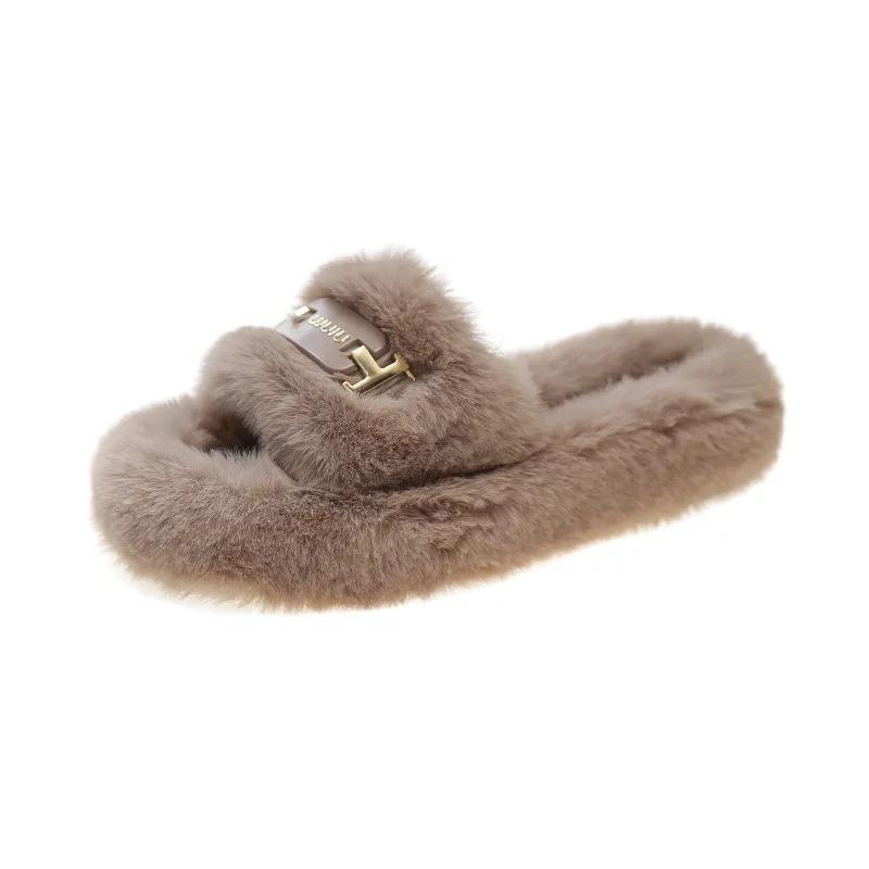 

Women Fashion Fluffy Furry Slippers Autumn Winter Cozy Open Toe Trend Plush Home Shoes Woman Outdoor Flat Heel Warm Fur Slides 40