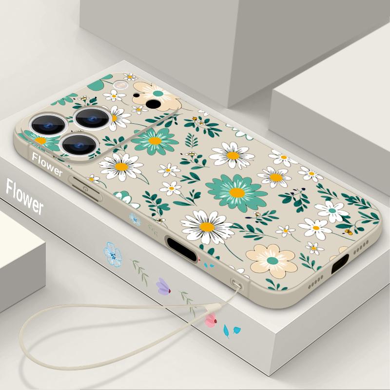 Cartoon Daisies Flower Pattern Lanyard Case For iPhone 17 Pro Max iPhone 16 15 14 13 Pro Max 11 16E 17E Soft Silicone Phone Back Cover