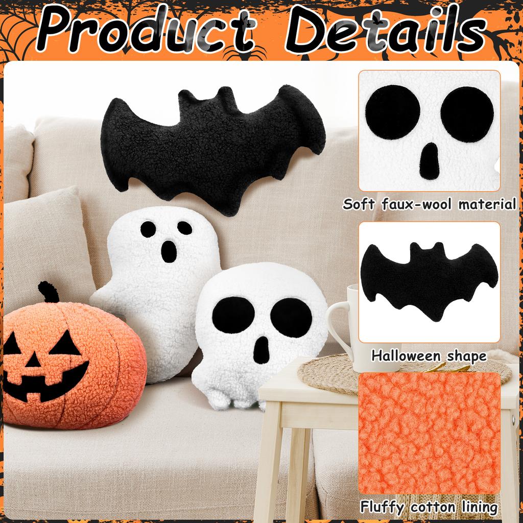 4 Pcs Halloween Shape Pillow Halloween Decor Throw Pillow Pumpkin Throw Pillow Decorative Spooky Pillows Plush Soft Bat Skeleton