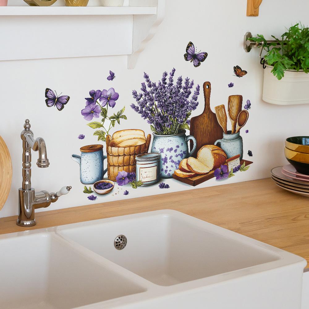 Self-adhesive Wall Stickers Flowers Bread Kitchen Utensils Butterfly for Restaurant Kitchen Dining Room Home Decor