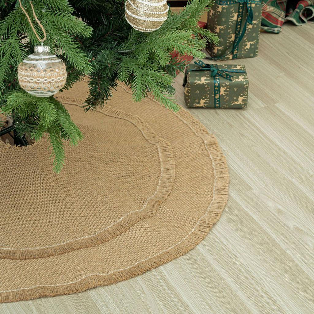 Natural Burlap Christmas Tree Skirt Eco Friendly Durable Decoration For 24 36 48 Inch Trees With Adjustable Straps