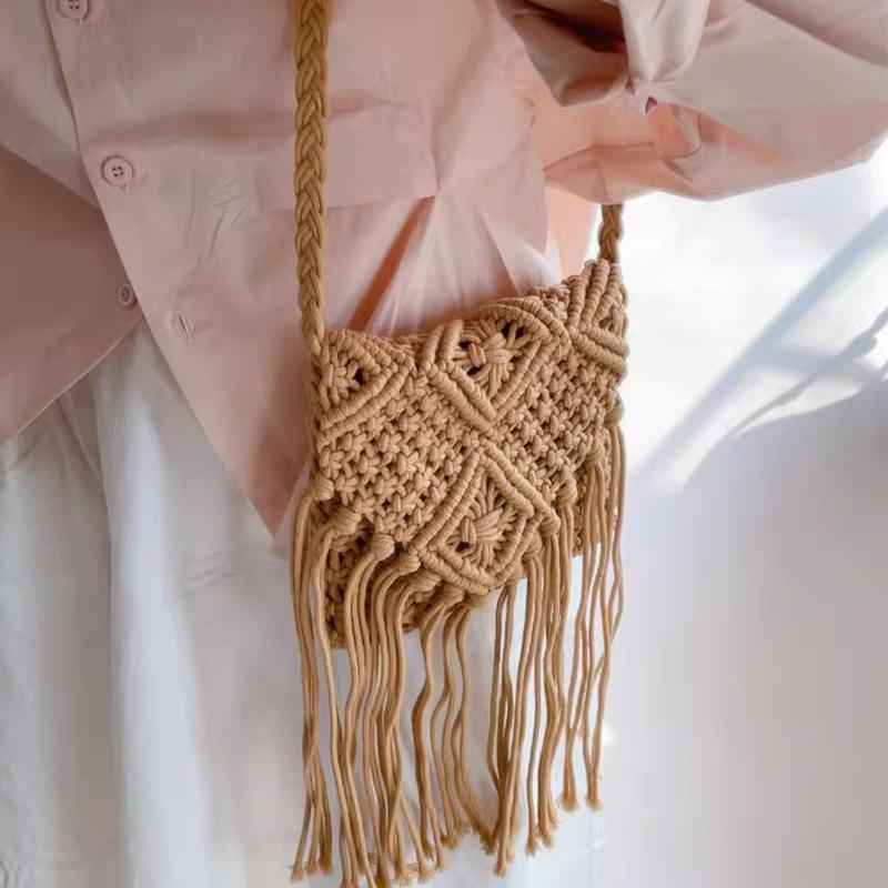New Casual Handmade Crochet Braid Fringed Bag Women Tassel Knitted Handbag Female Beach Bohemian Shoulder Messenger Bag