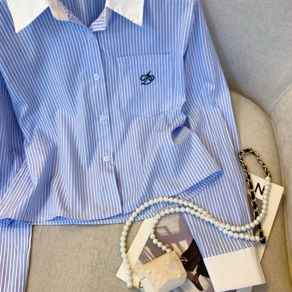 Europejsko-amerykańska wiosenna niebieska w paski haftowana koszula z kołnierzykiem - damska bluzka z długim rękawem