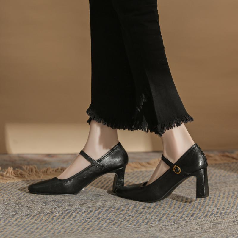 Sheepskin version French retro black high heels 2025 spring word with commuter work thick heel Mary Jane shoes