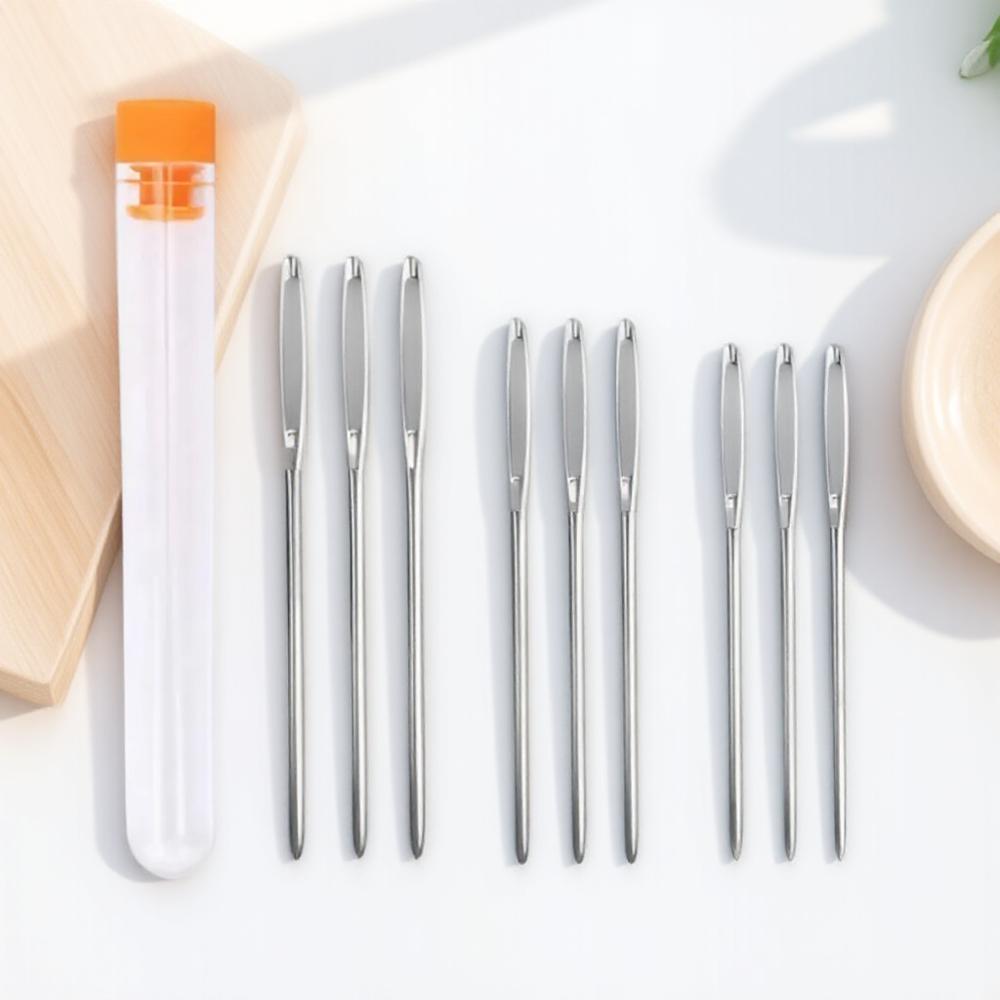 

1 Коробка 9 шт. Набор игл с тупым концом с большим ушком для штопки Стальные иглы для ручного шитья 3 размеров Прозрачный флакон серебряный