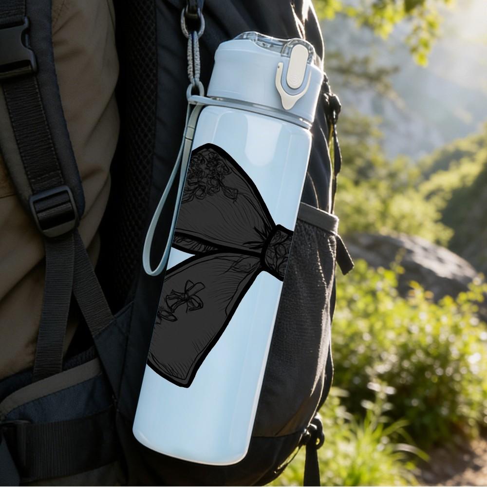 1PC Big Black Bow Knot Simple Print 750ml Color Plastic Sports Water Bottle Leakproof Flip Straw Lid Suitable for Sports Office Home Use