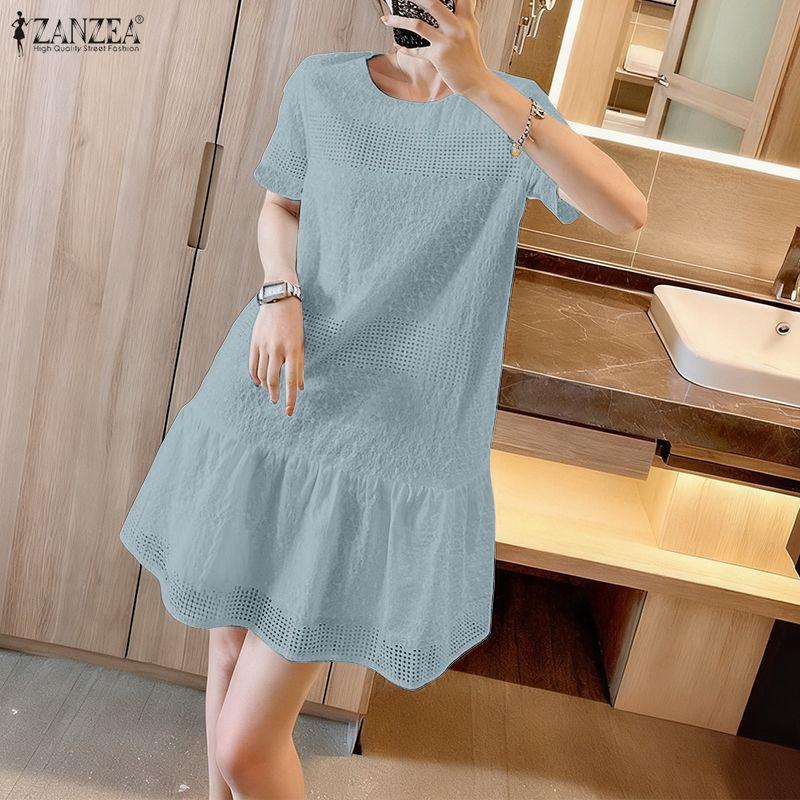 ZANZEA Women Patchwork Casual Round Neck Summer Short Sleeve Dress